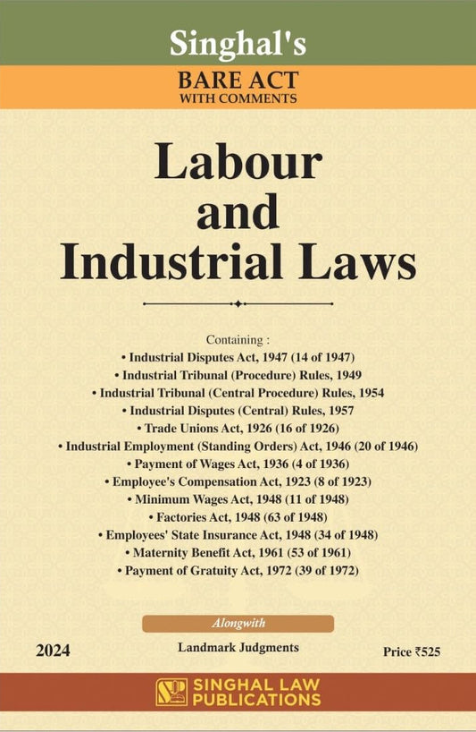 Book cover of 'Labour and Industrial Laws' by Singhal Law Publications with a beige and green color scheme.