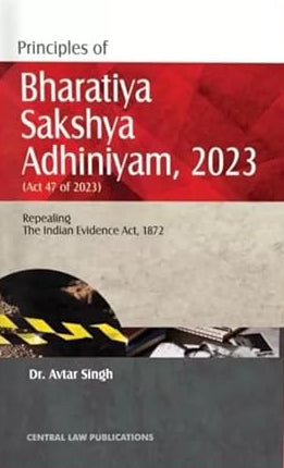 Book titled 'Principles of Bharatiya Sakshya Adhiniyam, 2023' by Dr. Avtar Singh on a pink background