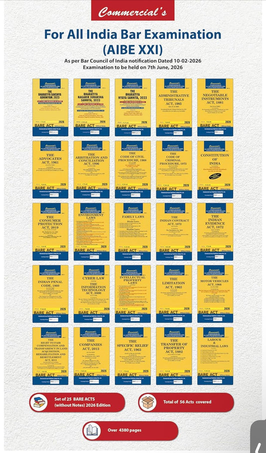 AIBE Exam combo of 25 Bare Acts without Notes, as per Bar Council of India, New Syllabus for AIBE XIX Exam Covering New Criminal Laws (BNS, BNSS, BSA) | 2026 | Commercial