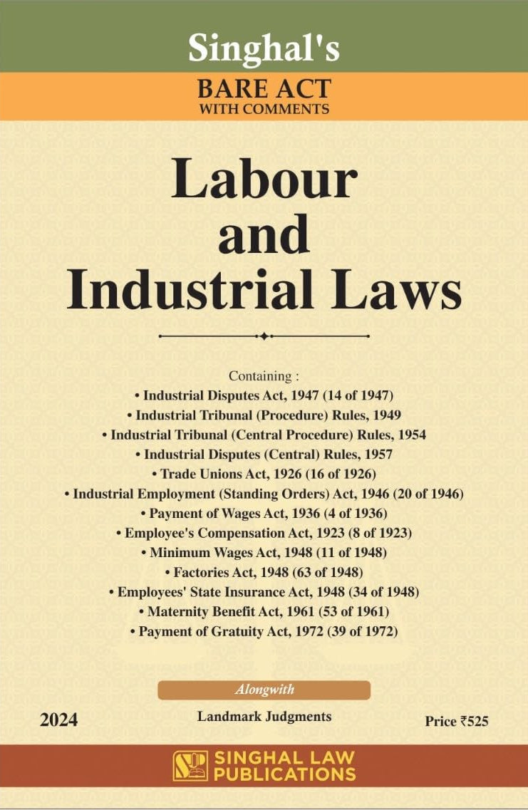 Book cover of 'Labour and Industrial Laws' by Singhal Law Publications with a beige and green color scheme.